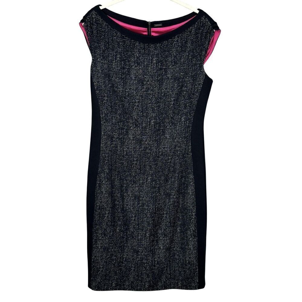 Elie Tahari Dress Womens 6 Black Metallic Sheath Sleeveless Tweed Panel Career